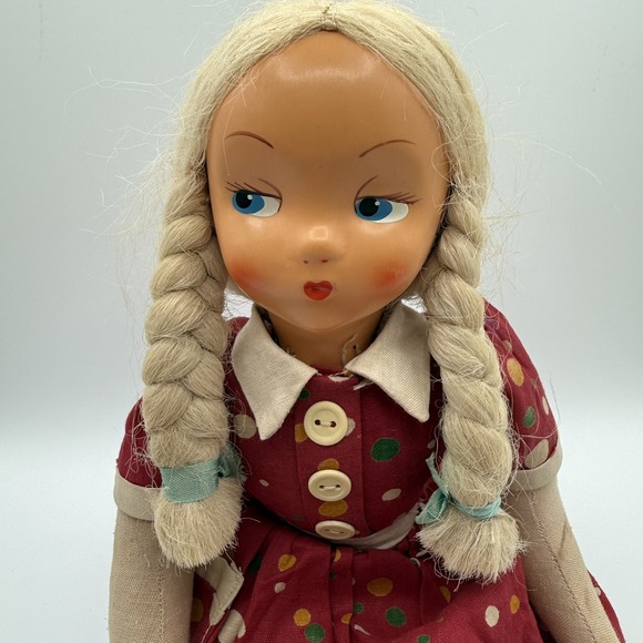 Other - Vintage 16" Polish Style Cloth Sawdust Doll Celluloid Plastic Head, Soft Body